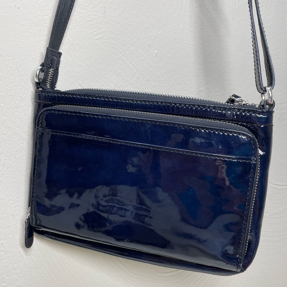 Brighton Dark Blue Leather Lactaded Crossbody Hand Bag, Tassel Many Packets View 3